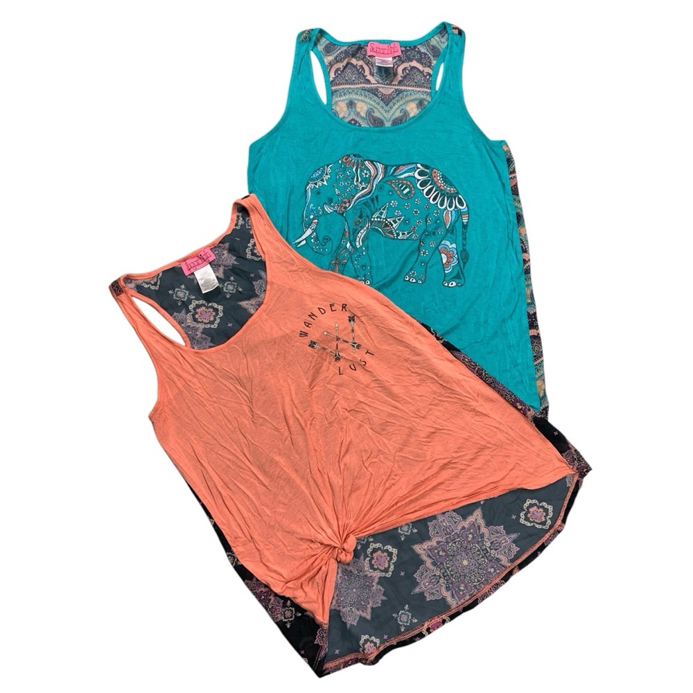 2 Lightweight Tank Tops Sheer Racer Back Long Loose Fit Boho Hindi Size Small
